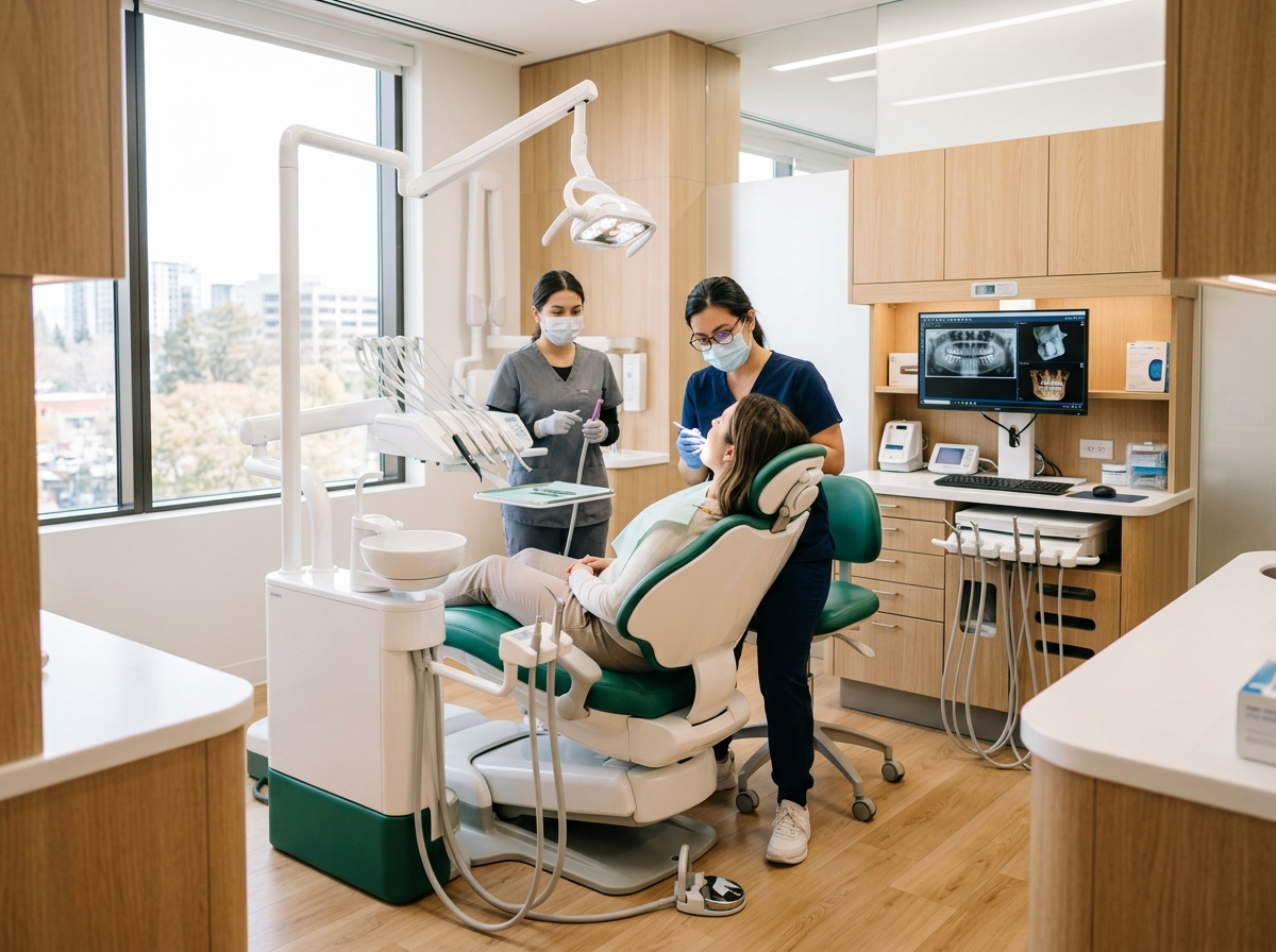 Dentist conducting gentle examination at Synergy Dental Hospital